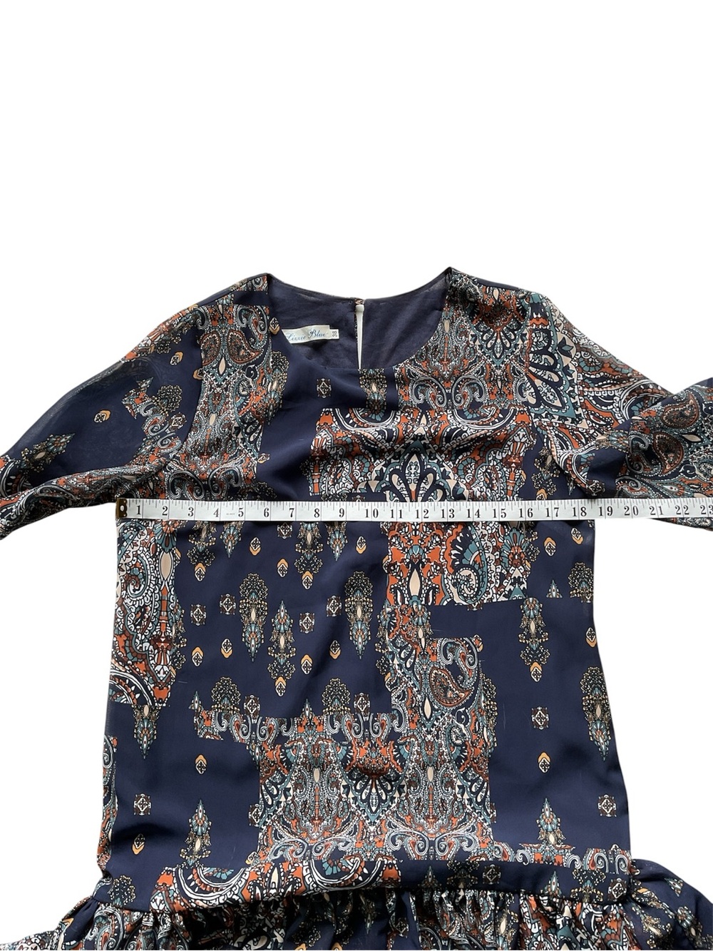 Lizzie Blue Navy Paisley Long-Sleeve Ruffle-Hem Dress, size 38 - Picture 7 of 9